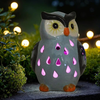 ASTRAEUS Porcelain Owl Solar Landscape Lights Figurine, Color Changing LED - Lawn Decor Owl Statues for Patio, Lawn, Balcony, Yard - Mothers Day Housewarming Gifts Grey Blue