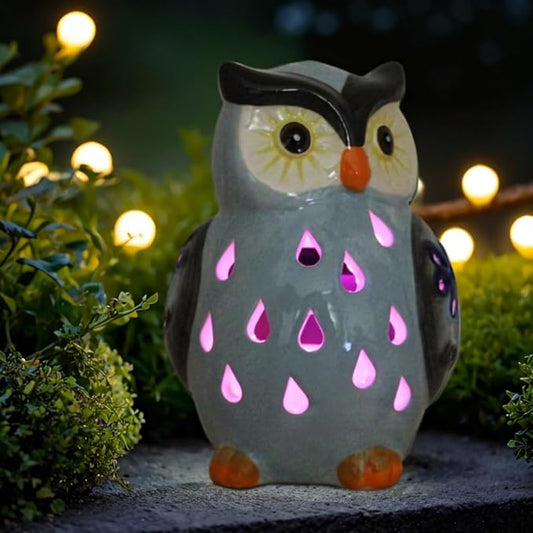 ASTRAEUS Porcelain Owl Solar Landscape Lights Figurine, Color Changing LED - Lawn Decor Owl Statues for Patio, Lawn, Balcony, Yard - Mothers Day Housewarming Gifts Grey Blue
