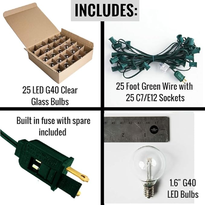 Hometown Evolution, Inc. G40 LED Warm White Outdoor Patio String Lights with 0.6 Watt Bulbs (G40 LED 3 Diode - Green Wire, 25 ft)