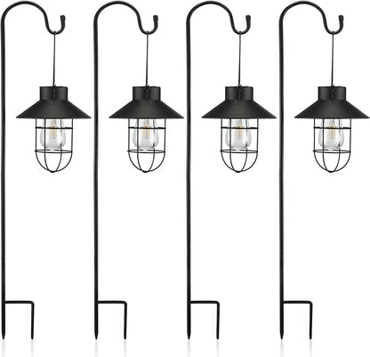 Retisee 4 Pack 31 Inch Hanging Solar Light Outdoor with Shepherd Hook Solar Lanterns Outdoor Waterproof Metal Garden Lantern for Patio Yard Lawn Pathway Driveway Markers(Black)