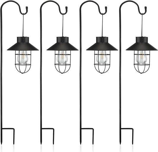 Retisee 4 Pack 31 Inch Hanging Solar Light Outdoor with Shepherd Hook Solar Lanterns Outdoor Waterproof Metal Garden Lantern for Patio Yard Lawn Pathway Driveway Markers(Black)