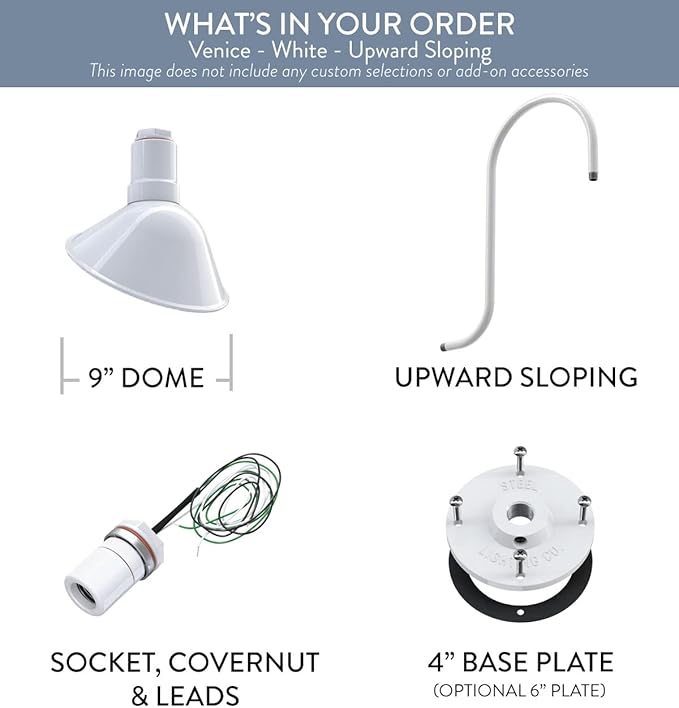 Steel Lighting Co. Venice Store Sign Light | for Outdoor Restaurant Accent Wall | 9 inch Dome | Upslope Gooseneck | Made in America | White Exterior/White Interior