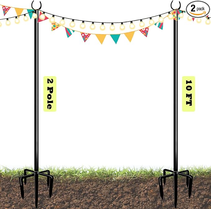 10ft String Light Poles for Outdoors, Outside Light Poles with 5-Prong Base, Suit for Garden, Backyard, Patio | Lumora