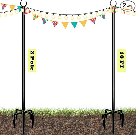 10ft String Light Poles for Outdoors, Outside Light Poles with 5-Prong Base, Suit for Garden, Backyard, Patio, Outdoor Lighting, Matte Black, 2 Packs