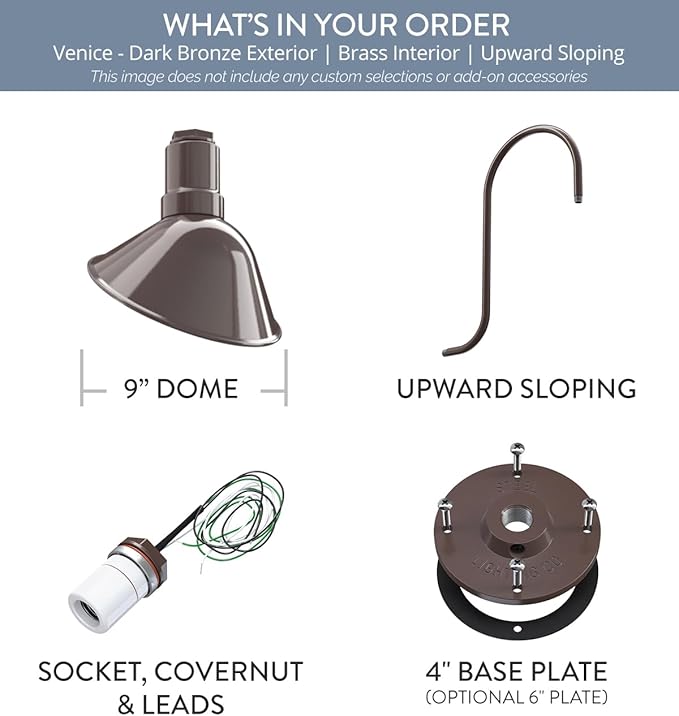 Steel Lighting Co. Venice Store Sign Light | for Outdoor Restaurant Accent Wall | 9 inch Dome | Upward Sloping Gooseneck | Made in America | Dark Bronze Exterior/Brass Interior