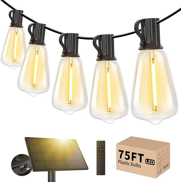 Svater Solar Outdoor String Lights 75 FT, ST38 Patio Lights Shatterproof Dimmable Vintage Edison Bulbs, Solar | Lumora