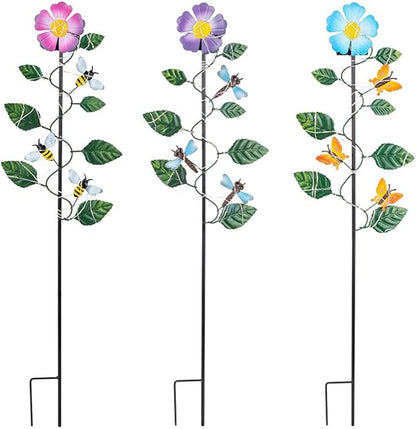 Set of 3 Solar Garden Lights,23'' H Flowers＆Insect Decorative Garden Stakes,Waterproof Metal Spring Yard Art Decor,Solar Stake Lights for Outside,Lawn,Yard,Patio
