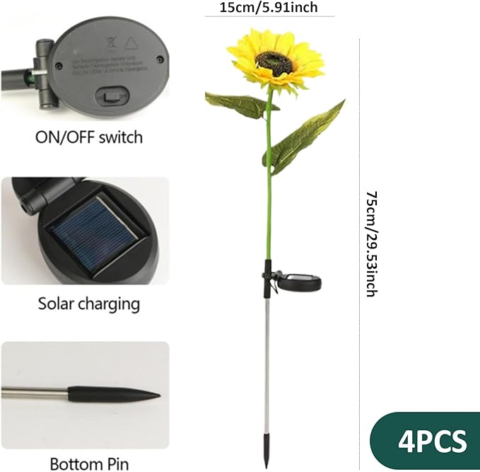 4 Packs Sunflower Solar Lights Outdoor IP44 Waterproof Garden Stake Auto On/Off