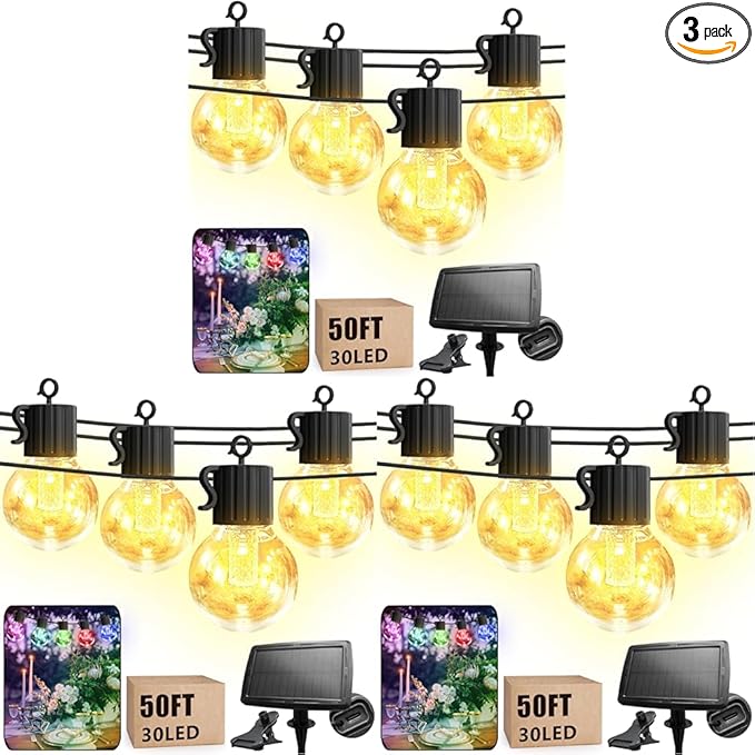 Solar Outdoor Lights Warm Colored Tunable, 50FT String Light Outdoor Waterproof - Solar Powered Patio Light USB Charging Hanging Lights for Yard - G40 Solar Lighted Up for Outside String (Pack of 3)