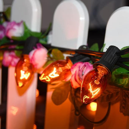 Halloween Orange String Lights Outdoor, 25Ft C7 Halloween Decorations Lights with 27 Clear Orange Bulbs (2 Spare), Waterproof Vintage Christmas Lights for Patio Party Holiday Garden- Black