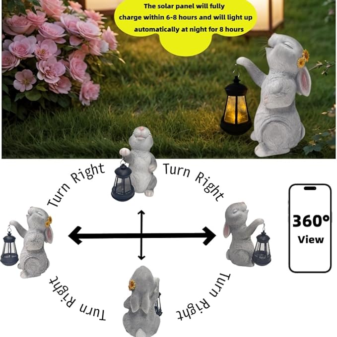 Garden Statue Solar Garden Decor Solar Rabbit with LED Light Outdoor Easter Decorations for Home, Patio, Yard,Lawn Ornaments Waterproof Resin Figurine Christmas Mother's Day Gifts（9.8 Inch）