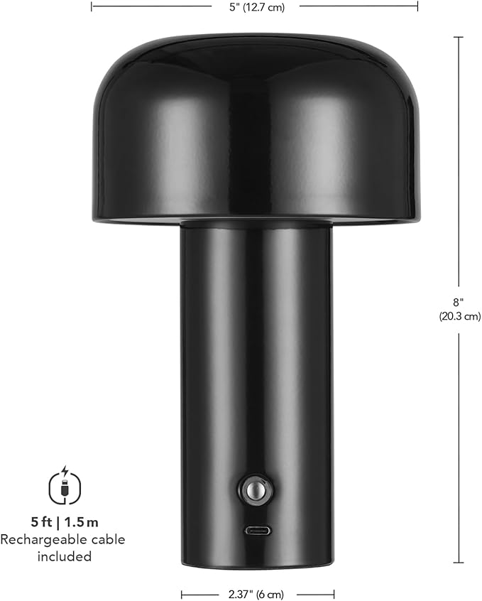 Globe Electric 60000118 8" 1.5W LED Integrated Outdoor Table Lamp, Black, Plug-in Rechargeable Battery, USB-C Cable, Frosted Acrylic Diffuser, 4-Step Dimmer Touch Switch, Wet Rated