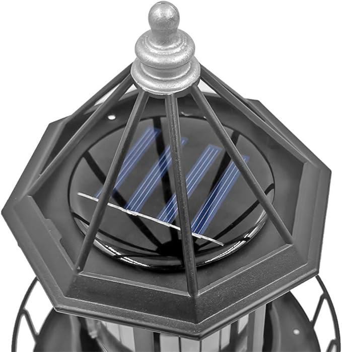 LED Solar Rotating Lighthouse Light for Outdoor Garden Decoration - Lantern for Pathway, Patio, Courtyard (Black)