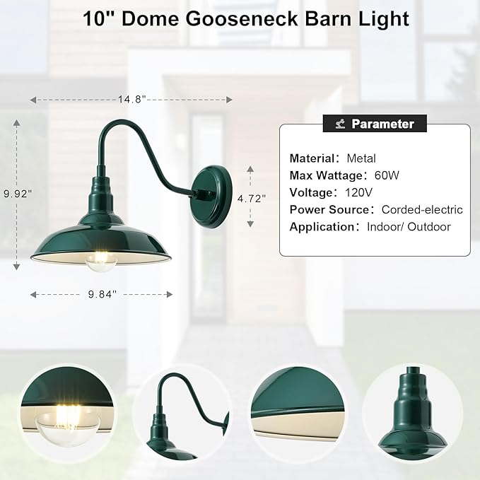 10'' Dome Outdoor Gooseneck Barn Light Fixture with Wall Mount, Green Exterior Porch Barn Door Lighting, Farmhouse | Lumora