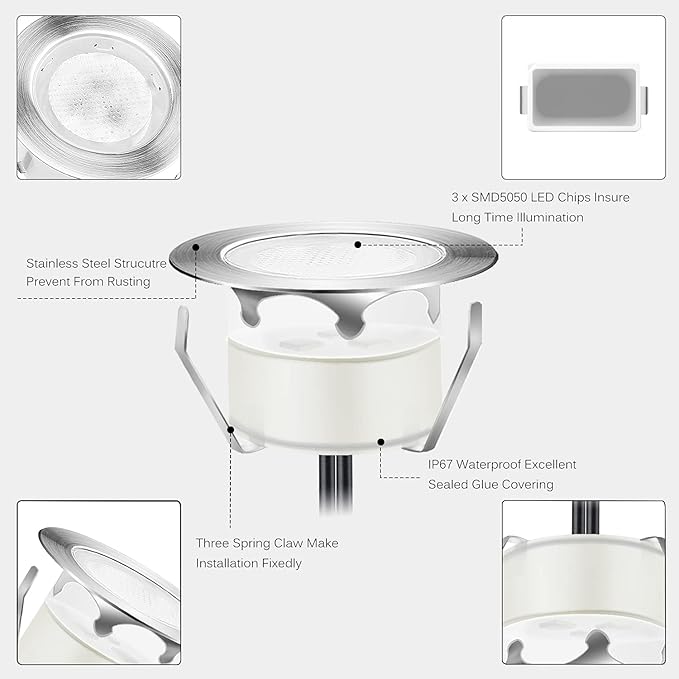 Low Voltage LED Deck Lighting Kit Stainless Steel 0.2W~0.5W RGB Waterproof Outdoor Yard Garden Decoration Lamps Landscape Pathway Patio Step Stairs LED In-ground Lights Silver Border (30pack)