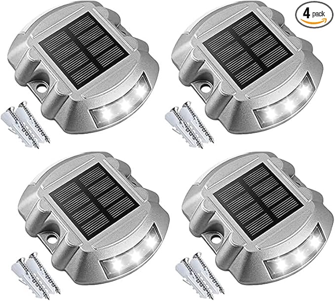 Solar Deck Lights Driveway Dock Lights, 4-Pack Led IP67 Waterproof Outdoor Warning Step Lights (Cool White) for Driveway Dock Sidewalk Garden Pathway Yard