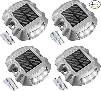 Solar Deck Lights Driveway Dock Lights, 4-Pack Led IP67 Waterproof Outdoor Warning Step Lights (Cool White) for Driveway Dock Sidewalk Garden Pathway Yard