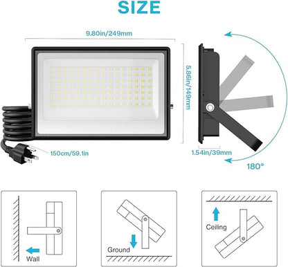 Olafus 130W Flood Lights Outdoor, 13000lm LED Work Light Plug in, 6500K Daylight White Led Flood Light Outdoor, IP66 Waterproof Security Lights for Yard Garage Stadium 4 Pack
