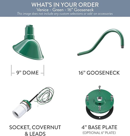 Steel Lighting Co. Venice Store Sign Light | for Outdoor Restaurant Accent Wall | 9 inch Dome | 16 inch Gooseneck | Made in America | Green Exterior/White Interior