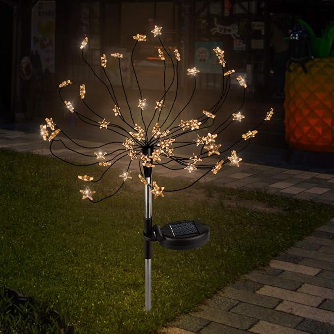 [2 Pack] Solar Star Firework Tree Light, LED Outdoor Star Firework Stakes Solar Garden Decorative Lights for Walkway Pathway Backyard Christmas Decoration Parties (Warm White)