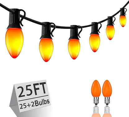 C7 Halloween Lights, 25FT Halloween C7 String Lights with 27 Orange Bulbs, Hanging Halloween Decoration Lights for Outdoor Indoor Patio Home Party Garden Yard-Black Wire