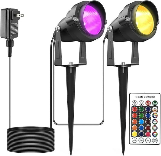 Spotlights Colored Outdoor with Timer, Yard Spot Lights 10W RGBW Warm White LED Landscape Light IP65 Waterproof Uplight with Spiked Stand for Lawn House Flag Pathway Porch (2 Lights)