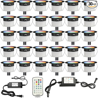 Sumaote LED Deck Lights Kit RGBW 30pcs Φ1.22 Low Voltage Recessed Deck Lamp In-ground Lights Waterproof Outdoor Yard Path Stairs Steps Landscape Decor, Multicolor & Warm White Lighting, Black Shell