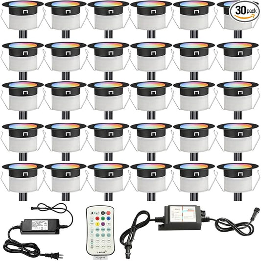 Sumaote LED Deck Lights Kit RGBW 30pcs Φ1.22 Low Voltage Recessed Deck Lamp In-ground Lights Waterproof Outdoor Yard Path Stairs Steps Landscape Decor, Multicolor & Warm White Lighting, Black Shell