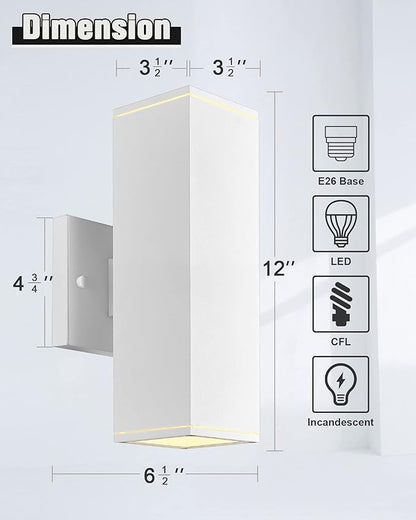 Ken & Ricky Outdoor Wall Light Fixture,Exterior Lighting Fixtures,Modern Sconce Lights for Porch Patio Garage Front Door (White,Square,No Sensor,2PK)