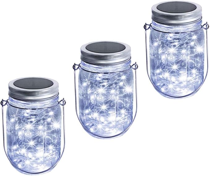 Solar Mason Jar Lantern Light, 3 Pack 20 Led String Starry Hanging Lamp, Fairy Firefly Lights Kit for Patio Garden Wedding Table Decor with Mason Jar & Hanger