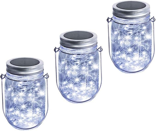 Solar Mason Jar Lantern Light, 3 Pack 20 Led String Starry Hanging Lamp, Fairy Firefly Lights Kit for Patio Garden Wedding Table Decor with Mason Jar & Hanger
