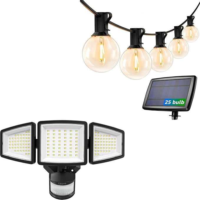 LE Bundle - Black LED Security Light 3 Adjustable Heads & 25 ft Solar String Lights G40 Edison Bulbs String Lights