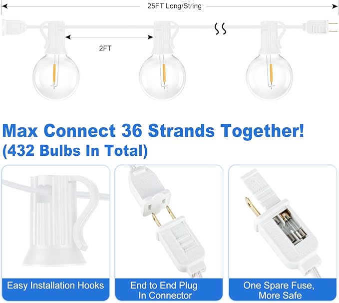 Bosceos Outdoor G40 LED Globe String Lights 25FT Dimmable Shatterproof Waterproof Patio Lights with 12+2 Bulbs | Lumora