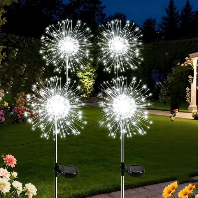 Solar Garden Lights, Firework Lights, IP55 Waterproof, Stainless Steel lamp Posts, Suitable for Outdoor Paths, terraces, Camping Parties, 600mAh (4 Packages - White)