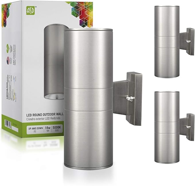 ASD LED Up Down Lights Outdoor Cylinder Wall Light 18W (120W Equiv) 1500Lm 5000K Daylight, 120V Patio Wall Light Fixture, Wet Rated, Stainless Steel Wall Sconce, ETL & Energy Star, 2-Pack