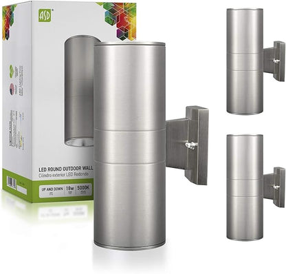 ASD LED Up Down Lights Outdoor Cylinder Wall Light 18W (120W Equiv) 1500Lm 5000K Daylight, 120V Patio Wall Light Fixture, Wet Rated, Stainless Steel Wall Sconce, ETL & Energy Star, 2-Pack
