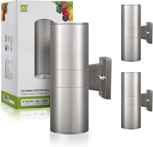 ASD LED Up Down Lights Outdoor Cylinder Wall Light 18W (120W Equiv) 1500Lm 5000K Daylight, 120V Patio Wall Light Fixture, Wet Rated, Stainless Steel Wall Sconce, ETL & Energy Star, 2-Pack