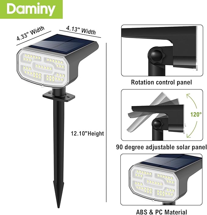 DAMINY Solar Spotlights Waterproof IP65,Auto On/Off,3000K 2 Lighting Modes Solar - Outdoor Security Flood Light | Lumora