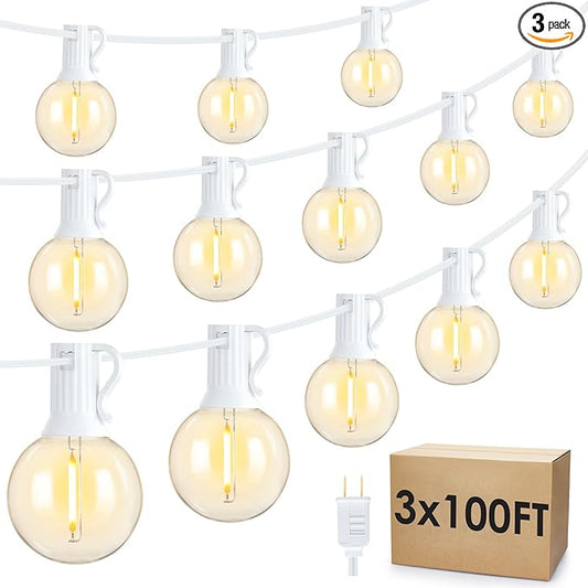 Mlambert 300Ft(3x100Ft) LED Outdoor String Lights Dimmable Waterproof G40 Globe Patio Lights with 150+7 Warm White Bulbs for Bistro Outside-White Cord