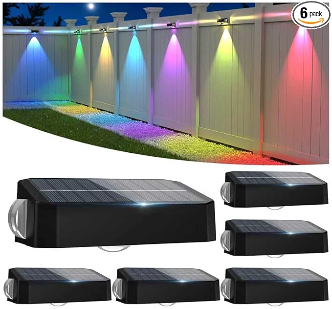 Solar Fence Lights Outdoor 6 Pack, Deck Lights with 12 Mode RGB Color Changing, Warm/Cool White, IP65 Waterproof | Lumora