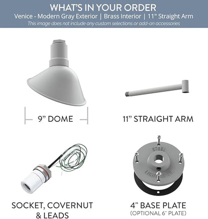 Steel Lighting Co. Venice Store Sign Light | for Outdoor Restaurant Accent Wall | 9 inch Dome | 11" Straight Arm | Made in America | Modern Gray Exterior/Brass Interior
