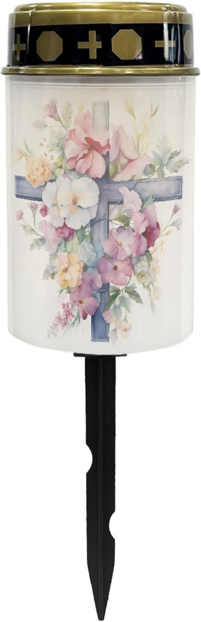 Cemetery Solar Lights for Grave,Cross Floral Pink Garden Solar Lights Waterproof Solar Powered Stake Lights Pathway Lights Outdoor Flameless Warm White Lantern Yard Spotlights LED Lantern
