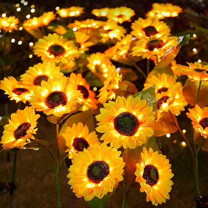 GUOCHENG Sunflower Solar Lights Outdoor Garden 2 Pack 4Flowers with Warm LED Light Solar Sunflower Stake Lights–Floral Outdoor Garden Decor for Patio Lawn Yard Pathway(Double)