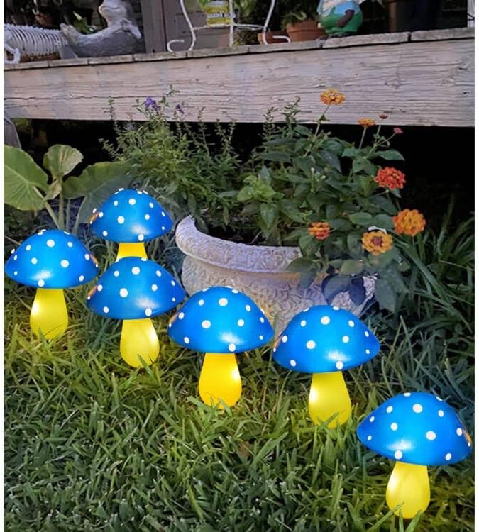 6-Pack Blue Solar Garden Lights, Solar Powered Mushroom Stake Lights for Outdoor Yard Decor, Waterproof Garden Ornaments for Backyard Lawn Deck Landscape Fence Christmas Halloween Decorations