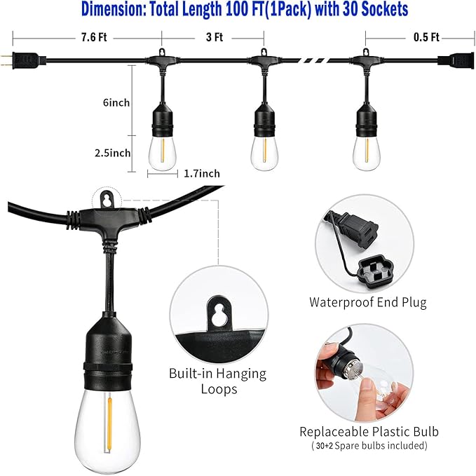 100FT String Lights for Outside Patio Lights with 30+2 Replaceable S14 2200K Warm Bulbs for Outdoor Pergola | Lumora