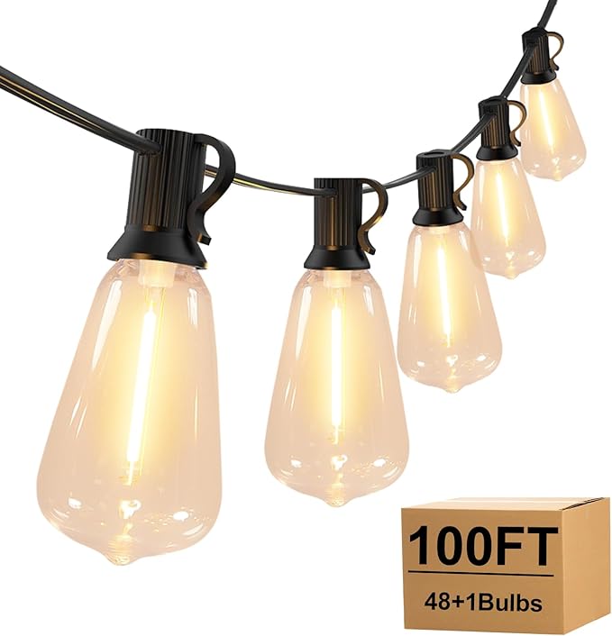 Outdoor String Lights with ST38 Clear Globe Bulbs, Black Cord, Waterproof LED Edison Filament Decorative Lighting for Patio, Garden, Backyard (ST38 Bulbs, 100FT)