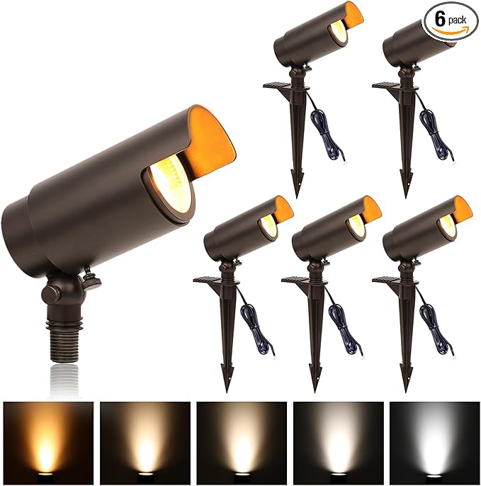 Low Voltage Landscape Lighting, 5CCT Low Voltage Landscape Spotlights, 12V Uplighting Outdoor Wired, 7W LED Spot Lights Outdoor for Tree Wall Flag with Adjustable Beam Angle (Bronze, 6)