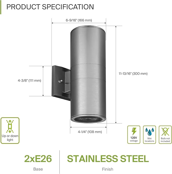 ASD 2 Light Outdoor Wall Light Fixture | 120W E26 Socket 120V ETL Cylinder Up Down Lights | LED/CFL/Incandescent | Lumora