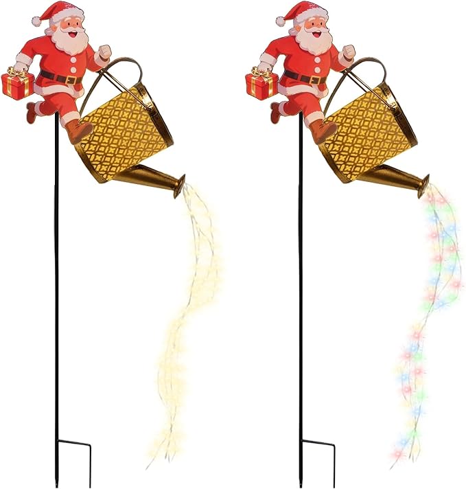 Christmas Santa Solar Kettle Lights, Waterproof Solar Watering Can with Cascading Lights, Garden Lawn Decorative Light, Hanging Metal Solars Santas Watering Can Led Light for Yard Pathway