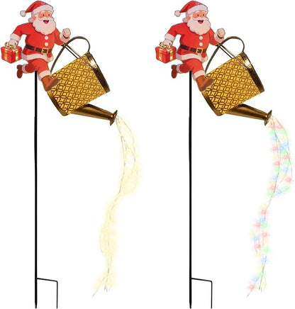 Christmas Santa Solar Kettle Lights, Waterproof Solar Watering Can with Cascading Lights, Garden Lawn Decorative Light, Hanging Metal Solars Santas Watering Can Led Light for Yard Pathway